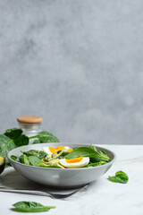 Fresh green salad with egg, avocado and spinach on a gray background in a gray plate.
