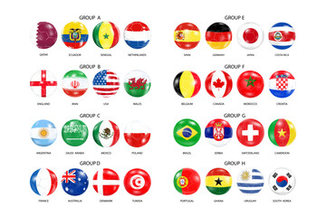 Soccer balls with flags of all countries.Groups of the football tournament in Qatar.