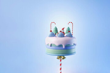 Christmas cake on candy cane with a cute snowman  and white icing  3d illustration