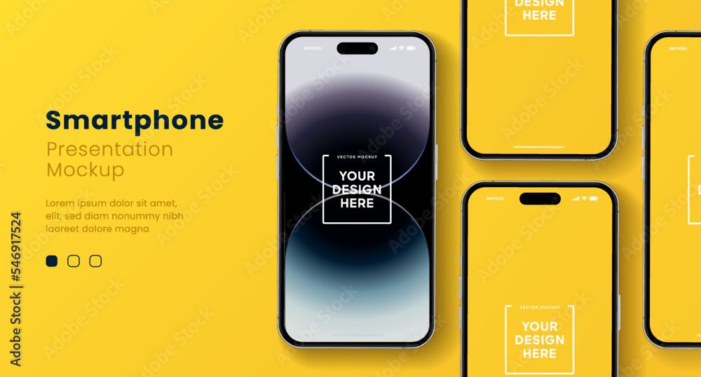 Poster 3D realistic high quality smartphone mockup with isolated background. Smart phone mockup collection. Device front view. 3D mobile phone with shadow on white background.