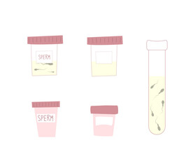 Set of medical jars and tubes with semen probe for fertility and genetic analysis of men before applying for sperm donation or pregnancy