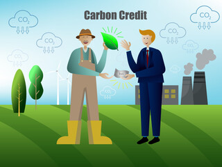 Carbon credits, Net zero emission, Clean technology, Renewable energy concept. Businessmen and farmer are trading carbon credit.