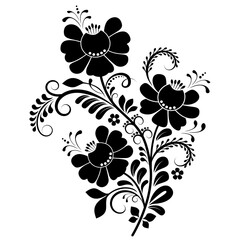 Black and white floral pattern, floral design element, decorative composition of flowers, leaves and swirls.