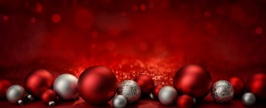 Baubles as a border on a red festive Christmas background with glittering bokeh lights, wide format with copy-space