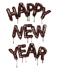 Inscription Happy New Year is made of melted chocolate on white background © Krafla