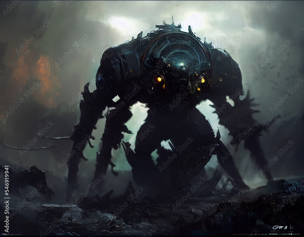 Wall mural giant robot on an alien planet explored by space astronauts/marines.