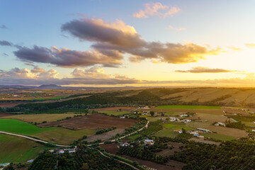 Aerial view of the fields of Andalucia at sunset over the countryside, Cadiz.