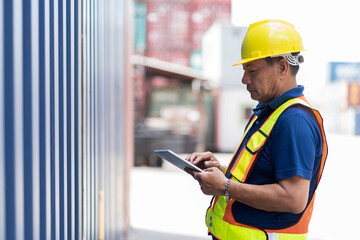 Asian male container yard engineer worker repairing or maintaining container boxes before control loading. Foreman or supervisor checking products in container boxes from cargo freight ship