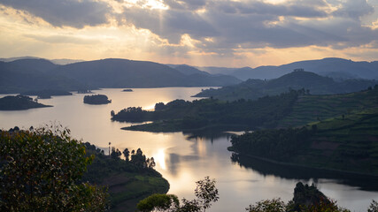 Beautiful sunset at Lake Bunyonyi cloudy sky