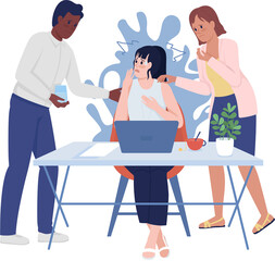 Panic episode at workplace semi flat color raster characters. Posing figures. Full body people on white. Reassuring colleagues simple cartoon style illustration for web graphic design and animation