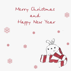 Fototapeta na wymiar Cute minimalistic Christmas greeting card with a drawn rabbit in a scarf, red snowflakes and an inscription in English Merry Christmas and Happy New Year