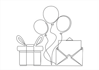 Envelope with balloons and gift.  Concept of birthday, valentine's day. Continuous one line drawing. 