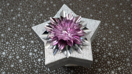 Silver shiny paper box a star shaped with silver-purple bow. Star gift box ideal for Christmas