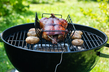 Chicken and potatoes baked and smoked on a kettle grill - 546923384