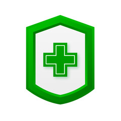 Green protection shield with green cross. Medical safety, insurance or help. Vector illustration.