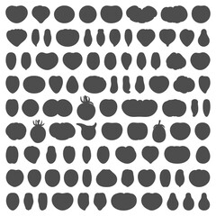 Fototapeta na wymiar Set of black and white illustrations with tomatoes of various varieties and shapes. Isolated vector objects on a white background.