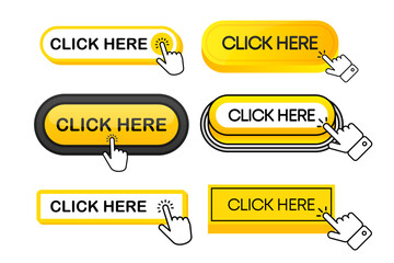 Click Here Button with hand or mouse cursor. Click buttons collection. Computer mouse cursor. Set for button website design. Vector illustration.