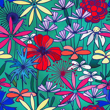 Bright colorful flowers. Summer meadow. Seamless vector pattern.