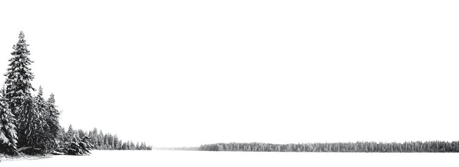 Panorama of a transparent lake and  sky and trees along the left side an on the horizon. Abundant room for copy.
