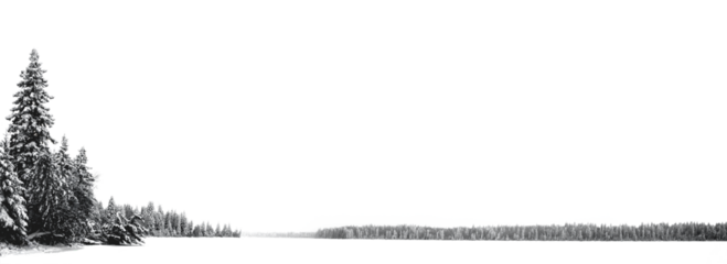 Panorama of a transparent lake and  sky and trees along the left side an on the horizon. Abundant room for copy.
