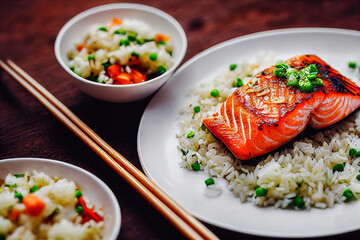 grilled salmon filet on fried rice, Generative AI Illustration