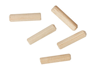Furniture dowels isolated. Wooden dowels close up.