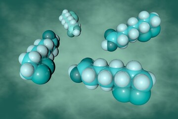 Lipoic or thioctic acid, vitamin-like antioxidant and enzyme cofactor used as a dietary supplement. Space-filling molecular model on turquoise background. Scientific background. 3d illustration