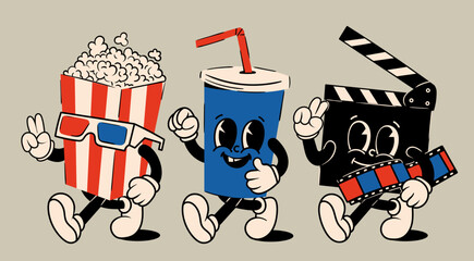 Popcorn, soda drink, clapperboard. Cute cartoon characters with hands, legs, eyes. Retro comic style. Cinema, movie theater, cinematography, movie watching concept. Hand drawn Vector illustration - 546924773