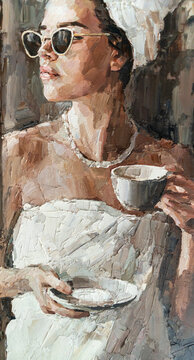 The girl is drinking coffee in a cafe. Woman with a cup in her hand. Oil painting on canvas.