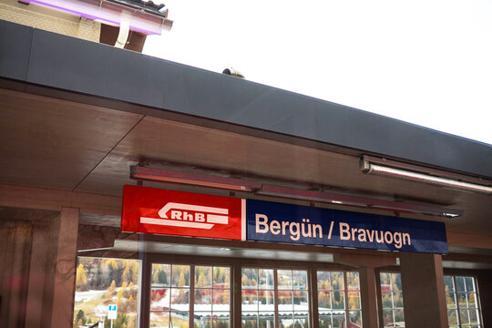 berg&uuml;n, Graubuenden,switzerland - 05 11 2022: the rhb train station sign of berg&uuml;n