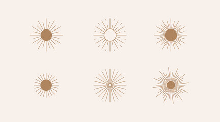 Hand-drawn vector illustration set of boho sun symbols. One line minimalist logo design templates. Bohemian elements for any design purposes