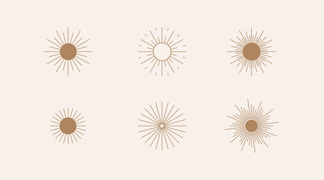 Hand-drawn vector illustration set of boho sun symbols. One line minimalist logo design templates. Bohemian elements for any design purposes