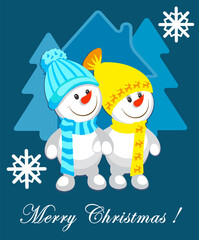 Merry Christmas, funny snowmen. Landscape. Greeting card.