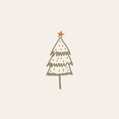 Boho minimalist vector and drawn simple Christmas trees isolated on a light background