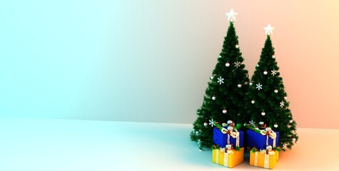 Traditional Green Christmas tree with baubles and giftbox on orange blue. 3d rendering.