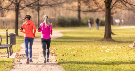 Back view of two female runners in an autumn park