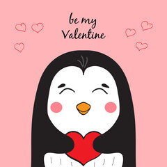 Cute penguin character with heart in wings. Hand drawn illustration for valentine's day. Be my Valentine. Vector illustration