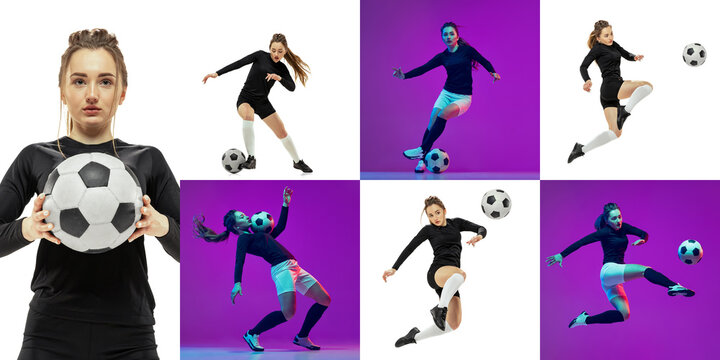 Photo set of professional female football player in football kit training, posing isolated over white and purple background. Concept of sport, active and healthy lifestyle