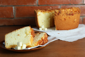 
sponge cake or chiffon cake topped with savory grated cheese, and boxed cheese filling
the right dish for your beloved family