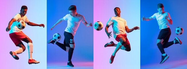 Dribbling the ball. Collage with dynamic portraits of professional male soccer players in motion over colorful background in neon light. Sport, championship,