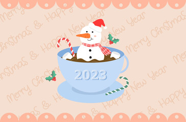 Merry Christmas and happy new year 2023 with cute snowman, candy cane and marshmallows in hot chocolate vector, flat design of cute Christmas character for new year, lovely snowman character vector.