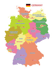 Vector Map of Germany with detailed Administrative divisions and borders, City and Region Names and international bordering countries in bright colors palette