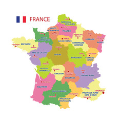 Vector Map of France with detailed Administrative divisions and borders, City and Region Names and international bordering countries in bright colors palette