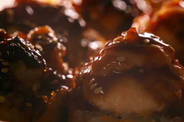 Baked sushi roll set. Close-up view.