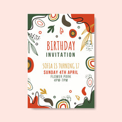 Birthday invitation template with hand drawn flat abstract shapes premium vector