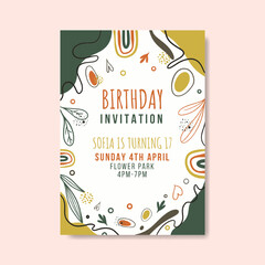 Birthday invitation template with hand drawn flat abstract shapes premium vector
