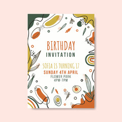 Birthday invitation template with hand drawn flat abstract shapes premium vector