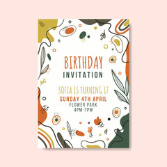 Birthday invitation template with hand drawn flat abstract shapes premium vector