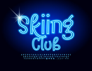 Vector neon poster Skiing Club. Blue glowing Alphabet Letters, Numbers and Symbols set. Bright handwritten Font