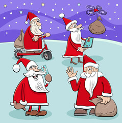 cartoon Santa Clauses characters with Christmas gifts